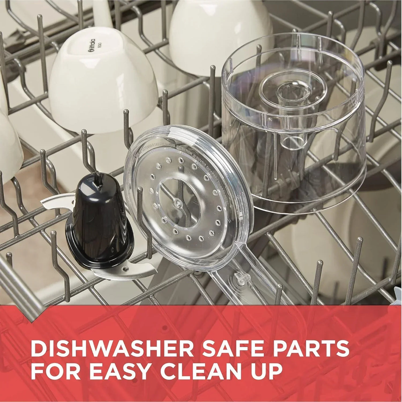 Dishwasher safe food processor parts: clear bowl, lid, and blade on rack for easy cleanup