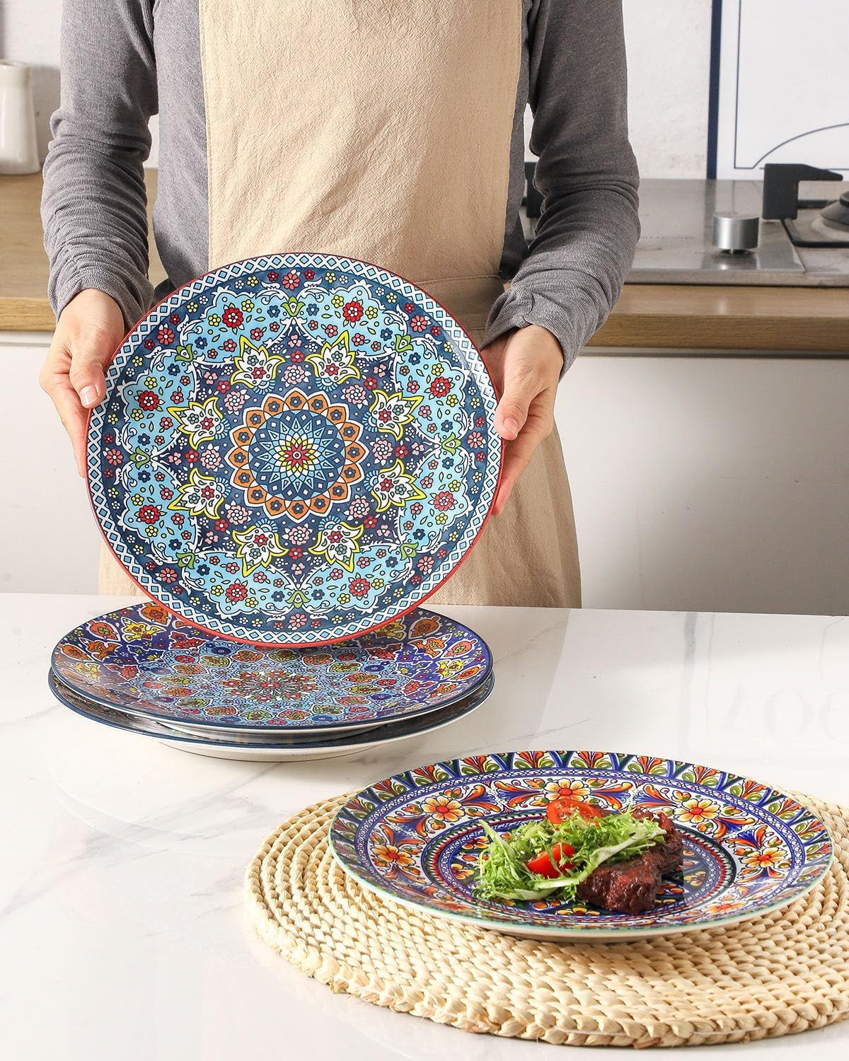 Dinner Plate Set of 4, 10.5 Inch Porcelain Plates for Kitchen, Large Salad Plates for Steak, Dishes Set for Restaurant, Microwave, Oven & Dishwasher Safe for Christmas Gift, Bohemian