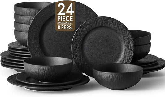 Black Dinnerware Sets, 24-Piece Matte Marble Pattern Premium Porcelain, Place Setting with Dinner Plate, Salad Plate, Pasta Bowl, Microwave and Dishwasher Safe