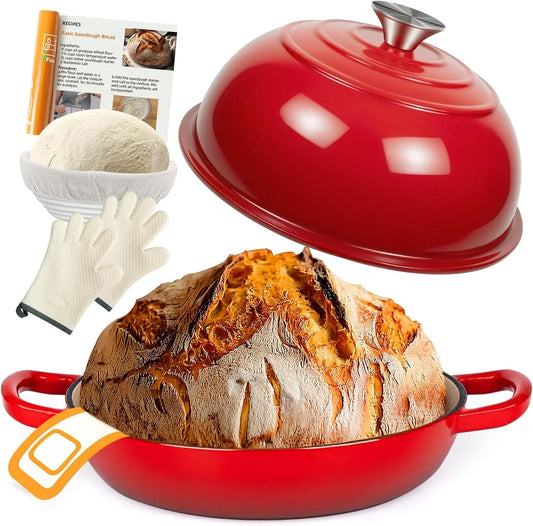 6QT Dutch Oven for Bread Baking, Enameled Cast Iron Dutch Oven Pot with Lid, Multi-Functional Bread Pan, Sourdough Baking Supplies with Proofing Basket, Cast Iron Bread Oven, Silicone Sling & Gloves.