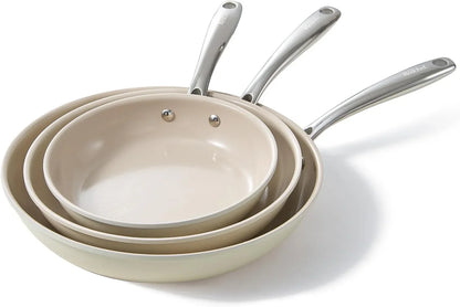 Nonstick Frying Pans Set, Ceramic Pan Skillet, Non Toxic Pans for Cooking, 8" 9.5" 11" Ceramic Frying Pan Set PFAS & PTFE & PFOA Free with Stay Cool Handle, Dishwasher & Oven Safe, Beige White