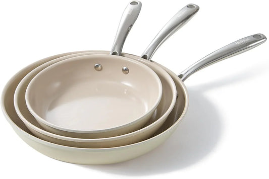 Nonstick Frying Pans Set, Ceramic Pan Skillet, Non Toxic Pans for Cooking, 8" 9.5" 11" Ceramic Frying Pan Set PFAS & PTFE & PFOA Free with Stay Cool Handle, Dishwasher & Oven Safe, Beige White