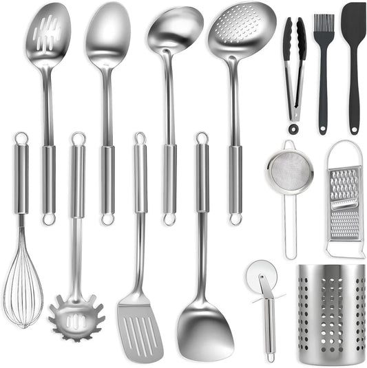 Cooking Utensils Set 15 Piece - Stainless Steel Kitchen Utensils Set, Kitchen Tools Set with Spatula and Holder, Non-Toxic, Dishwasher Safe & Heat Resistant