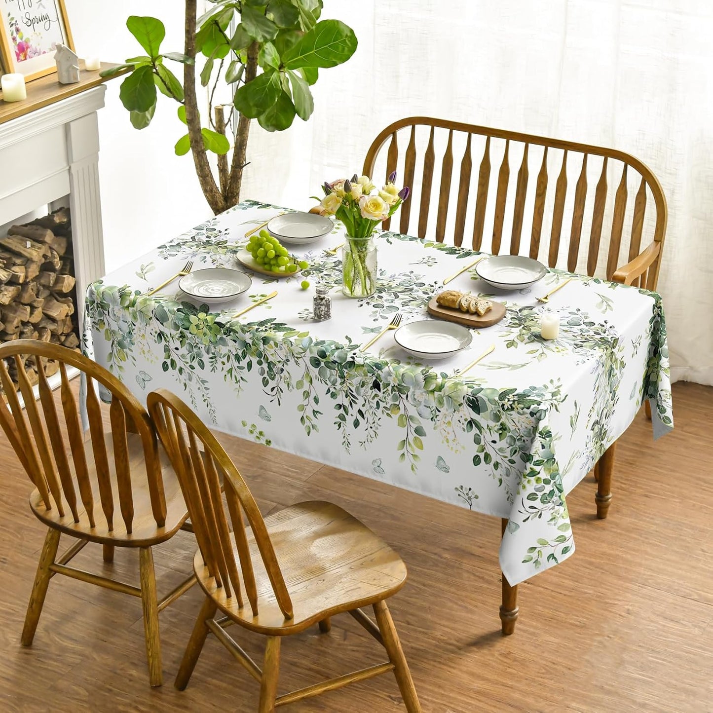 Spring Tablecloth 60×84 Inch Rectangular, Green Eucalyptus Washable Seasonal Table Cover for Party Picnic Dinner Decor