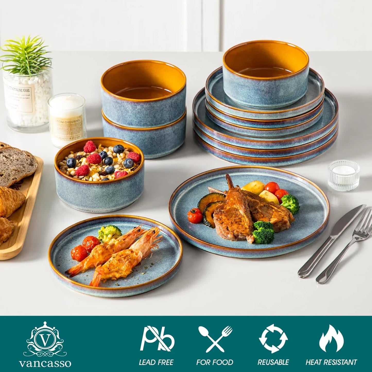 ONION Ceramic Plates and Bowls Sets, 12 Pieces Blue Dinnerware Sets for Kitchen, Reactive Glaze Dishes Set for 4, Dishwasher and Microwave Safe