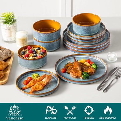 ONION Ceramic Plates and Bowls Sets, 12 Pieces Blue Dinnerware Sets for Kitchen, Reactive Glaze Dishes Set for 4, Dishwasher and Microwave Safe