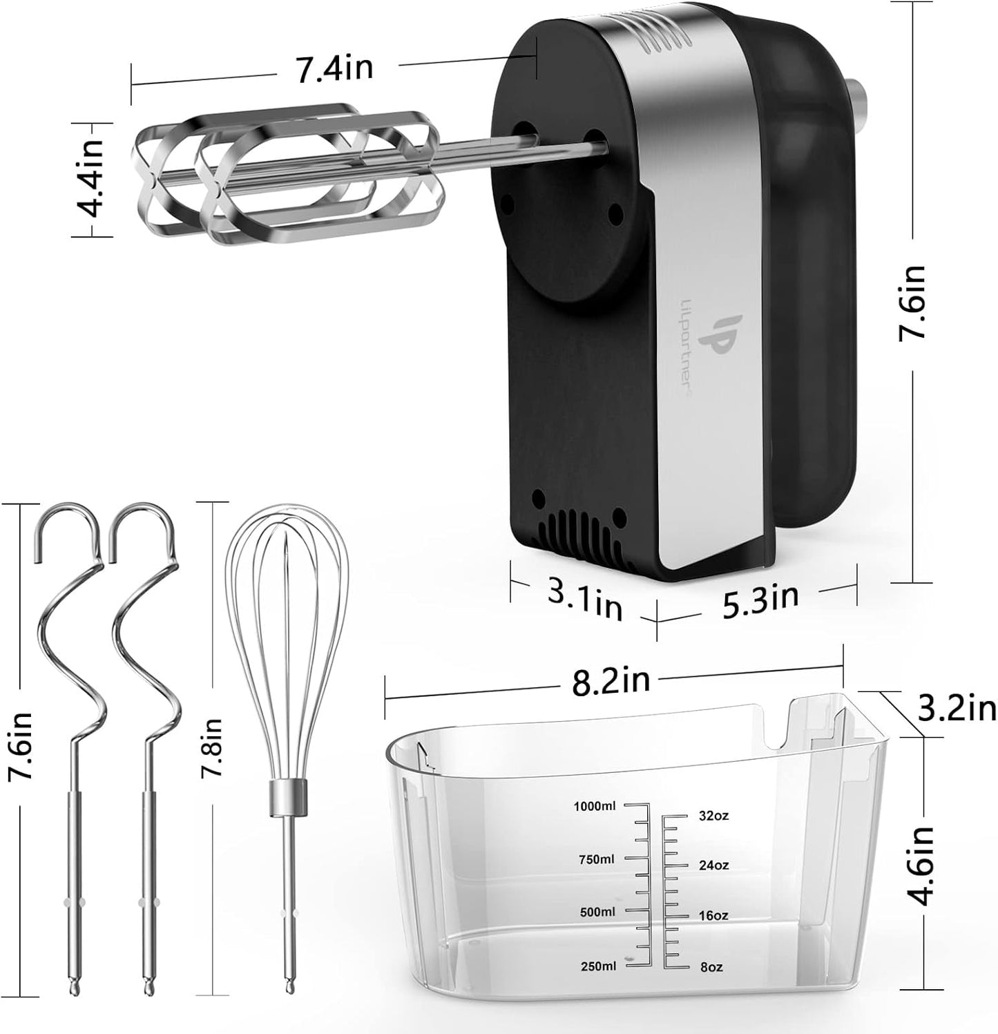 Hand Mixer Electric, 450W Kitchen Mixers with Scale Cup Storage Case, Turbo Boost/Self-Control Speed + 5 Speed + Eject Button + 5 Stainless Steel Accessories, for Easy Whipping Dough, Cream, Black