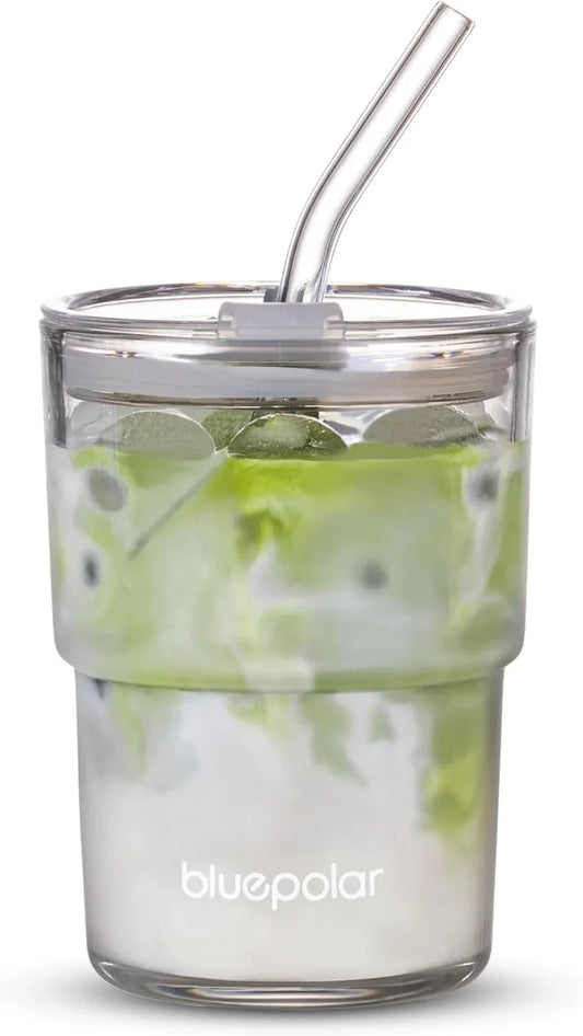 13Oz/400Ml Glass Water Tumbler with Straw and Lid Sealed Carry on Thick Wall Iced Coffee Cup Glass Cup for Water, Iced Tea Fruit Juice Etc(Aurora White