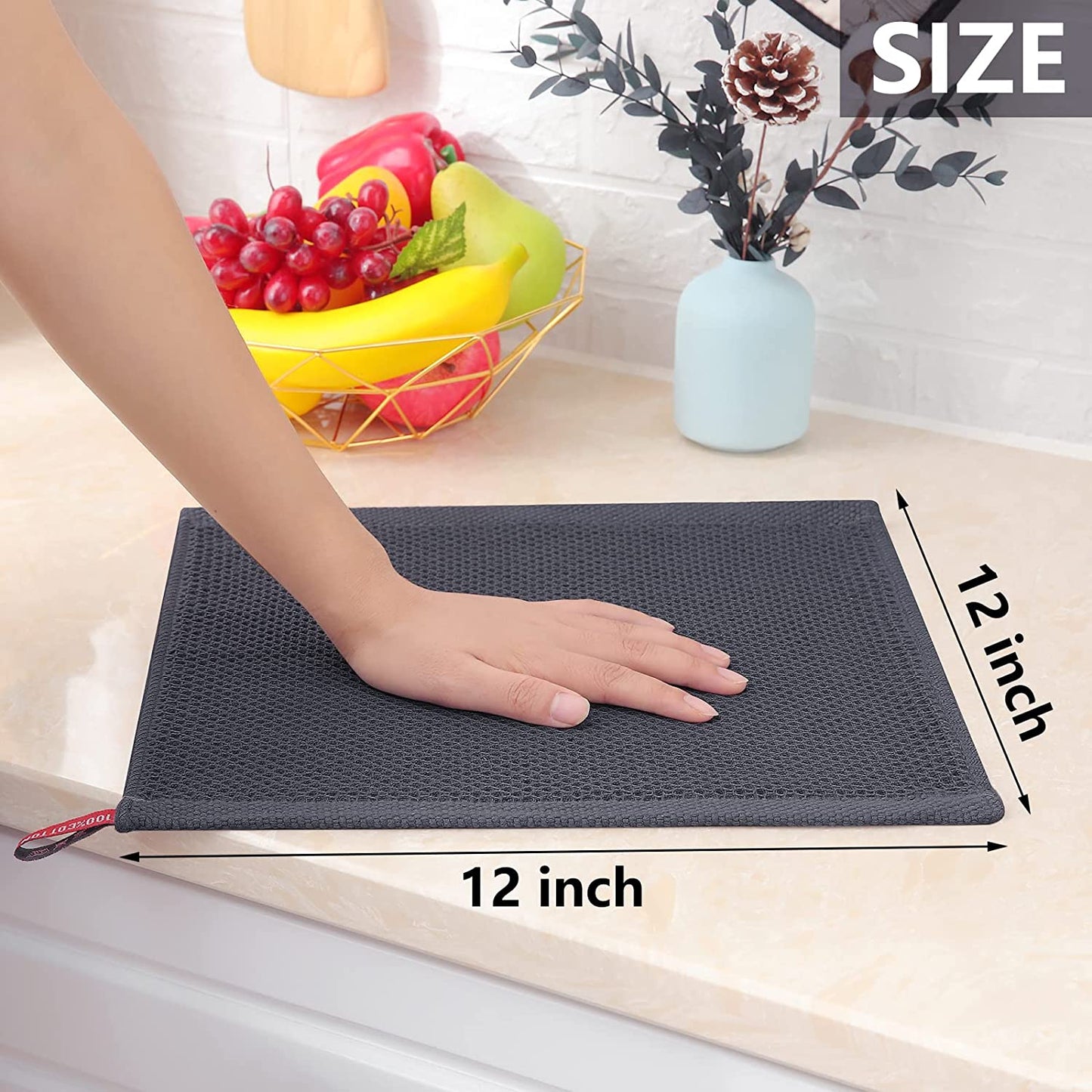 100% Cotton Waffle Weave Kitchen Dish Cloths, Ultra Soft Absorbent Quick Drying Dish Towels, 12 X 12 Inches, 6-Pack, Dark Grey
