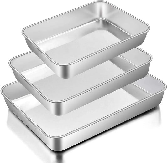 Baking Pans Set of 3, Stainless Steel Sheet Cake Pan for Oven - 12.5/10.5/9.4Inch, Rectangle Bakeware Set for Cake Lasagna Brownie Casserole Cookie, Non-Toxic & Healthy, Dishwasher Safe