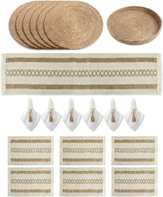 Handmade Boho Placemats Set of 6, round Woven Placemats - Macrame Style Bicolor Stitching Long Table Runner - Farmhouse Rustic Natural Burlap & Cotton Place Mats for Kitchen Dining Table