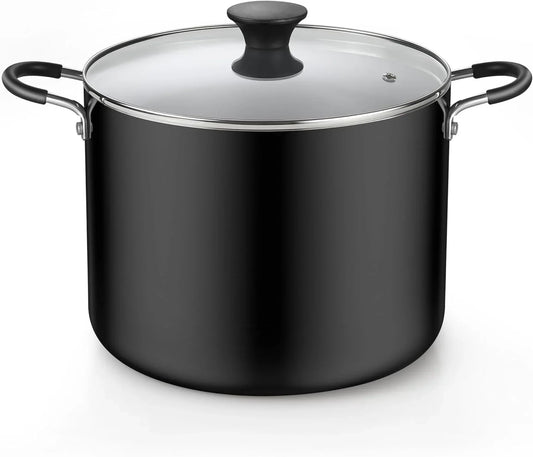 Nonstick Stockpot with Lid 10.5-Qt, Deep Cooking Pot Cookware Canning Stock Pot with Glass Lid, Black