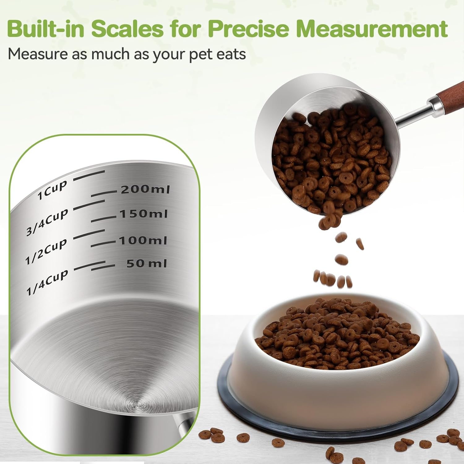 Dog-Cat Food-Scoop Measuring-Cup - 304 Stainless Steel Material.1-Cup Capacity. Precision Scale Measurements