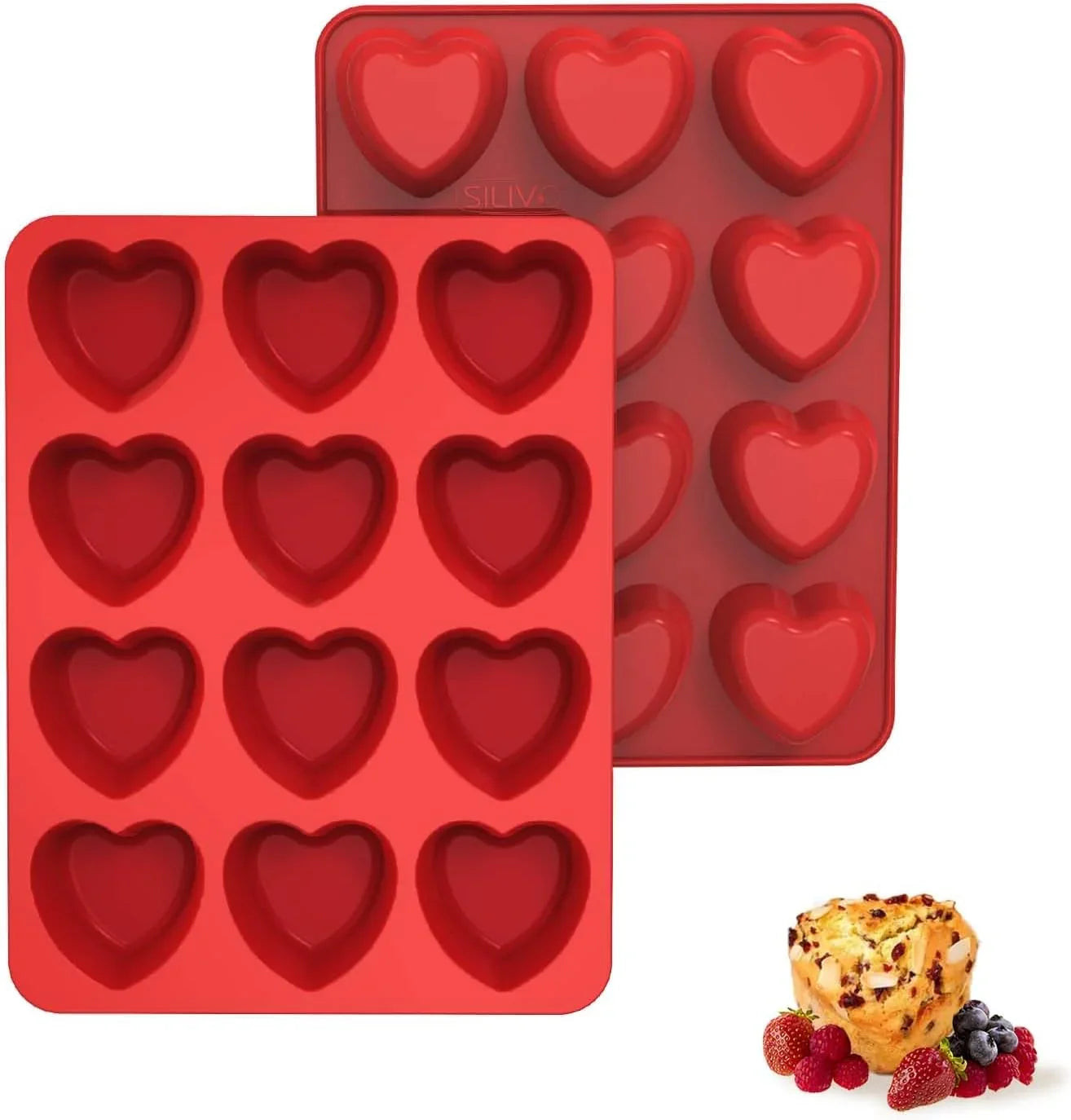 Silicone Heart Muffin Pan (2 Pack) - Nonstick Silicone Molds for Baking, Cupcake Pan for Brownies, Tartlets and Egg Bites