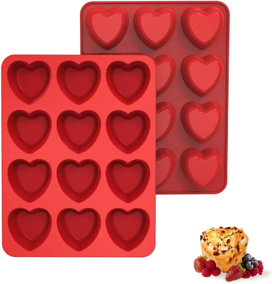 Silicone Heart Muffin Pan (2 Pack) - Nonstick Silicone Molds for Baking, Cupcake Pan for Brownies, Tartlets and Egg Bites