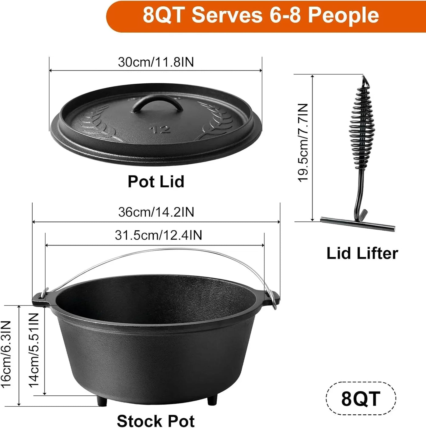 8QT cast iron stock pot with lid and lifter, serves 6-8 people, ideal for kitchen cooking and baking