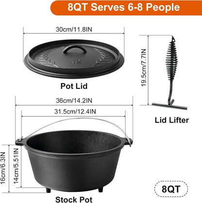8QT cast iron stock pot with lid and lifter, serves 6-8 people, ideal for kitchen cooking and baking