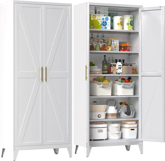 75" H Metal Pantry Cabinet, Kitchen Pantry Storage Cabinets with 5 Adjustable Shelves, for Home, Required Assembly, White