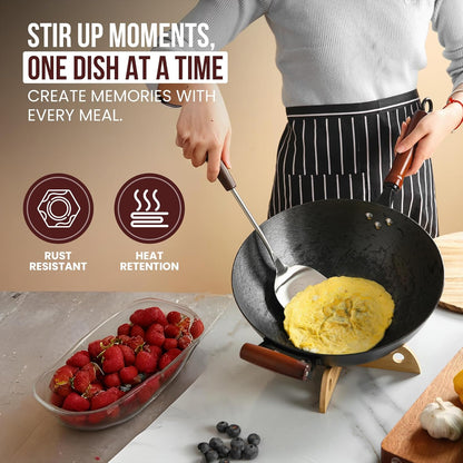 Pre-Seasoned Cast Iron Nonstick Stir-Fry Pan | Dual Handles & 4 Spatulas | Flat Bottom Wok with Wooden Lid & Wood Handle | Traditional Chinese Induction Wok (32Cm)