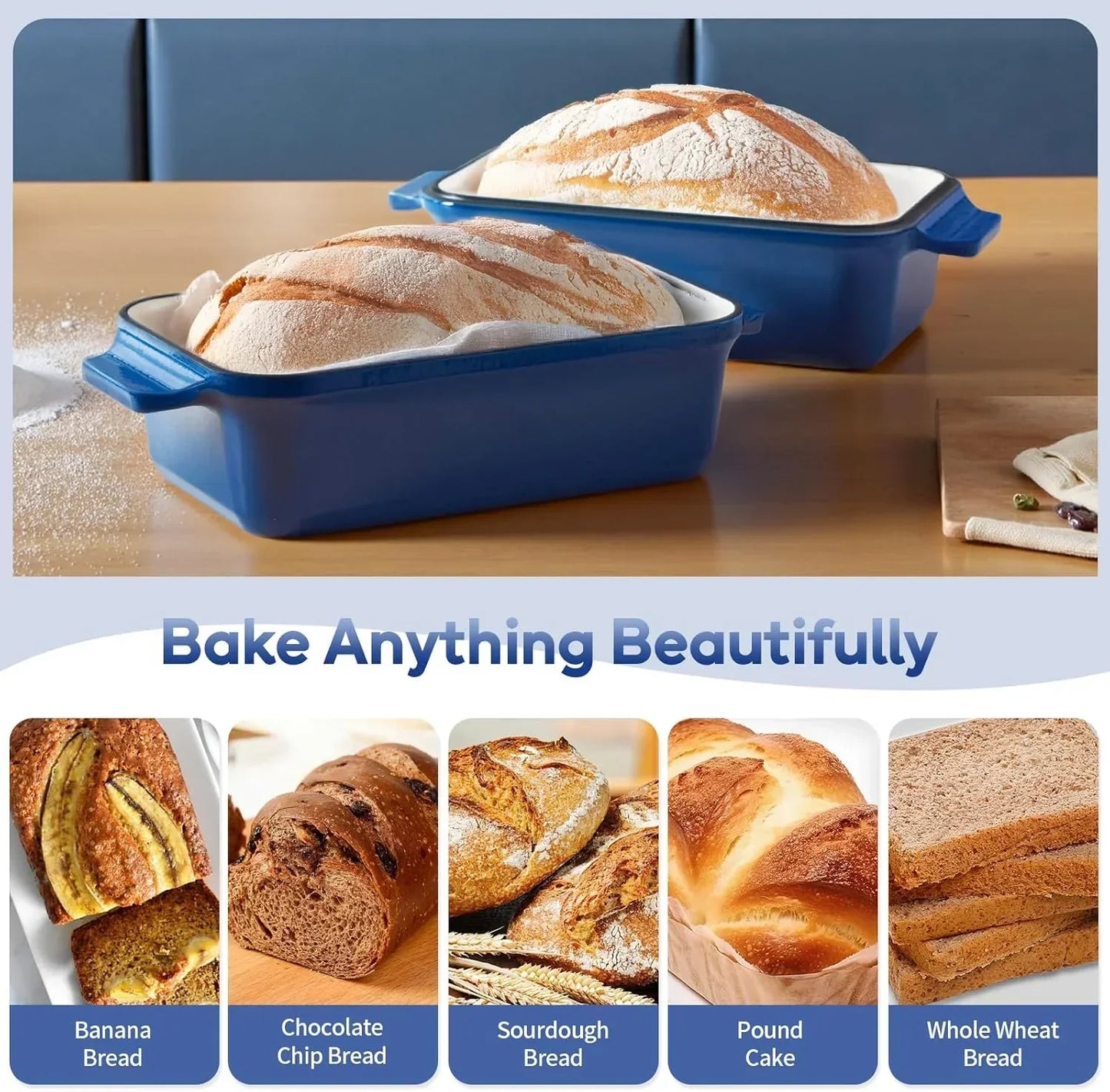 Blue ceramic loaf pans baking artisan sourdough, banana bread, chocolate chip, pound cake, whole wheat bread