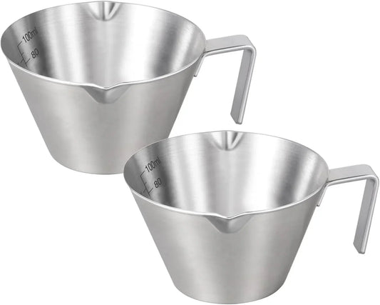 2 Pcs Espresso Cups with Handle, Stainless Steel Espresso Accessories, Double Spout Metal Measuring Cup with Dual Scale, Espresso Shot Cup with V-Shaped Mouth, 3.4Oz/100Ml(Silver)
