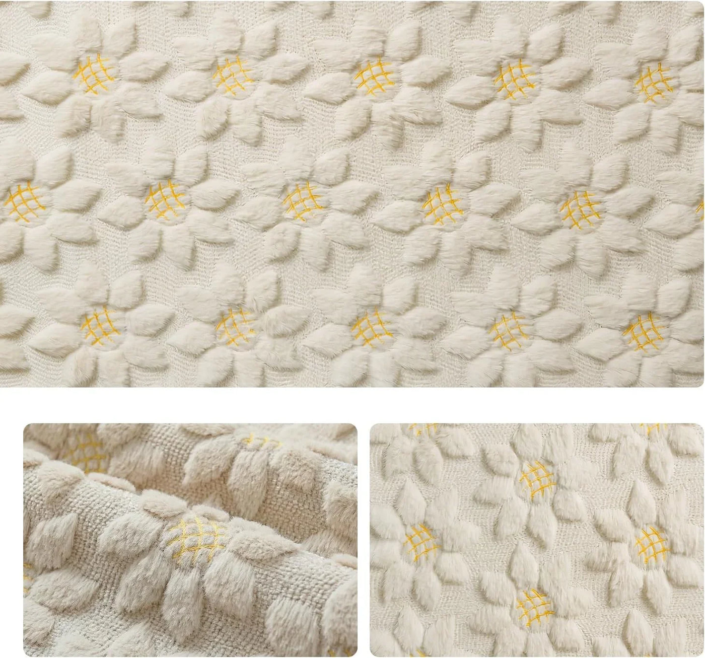 Beige Soft Plush Faux Fur Jacquard Embroidery Sunflower Spring Table Runner, Kitchen Dining Table Decoration for Home Party Decor 13X72 Inch