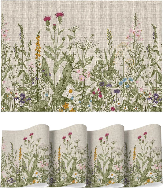 Wildflower Vinyl Placemats Set of 4, Washable Non-Slip Plastic PVC Table Mats for Spring Party Kitchen Dining Decor, 12X18 Inch
