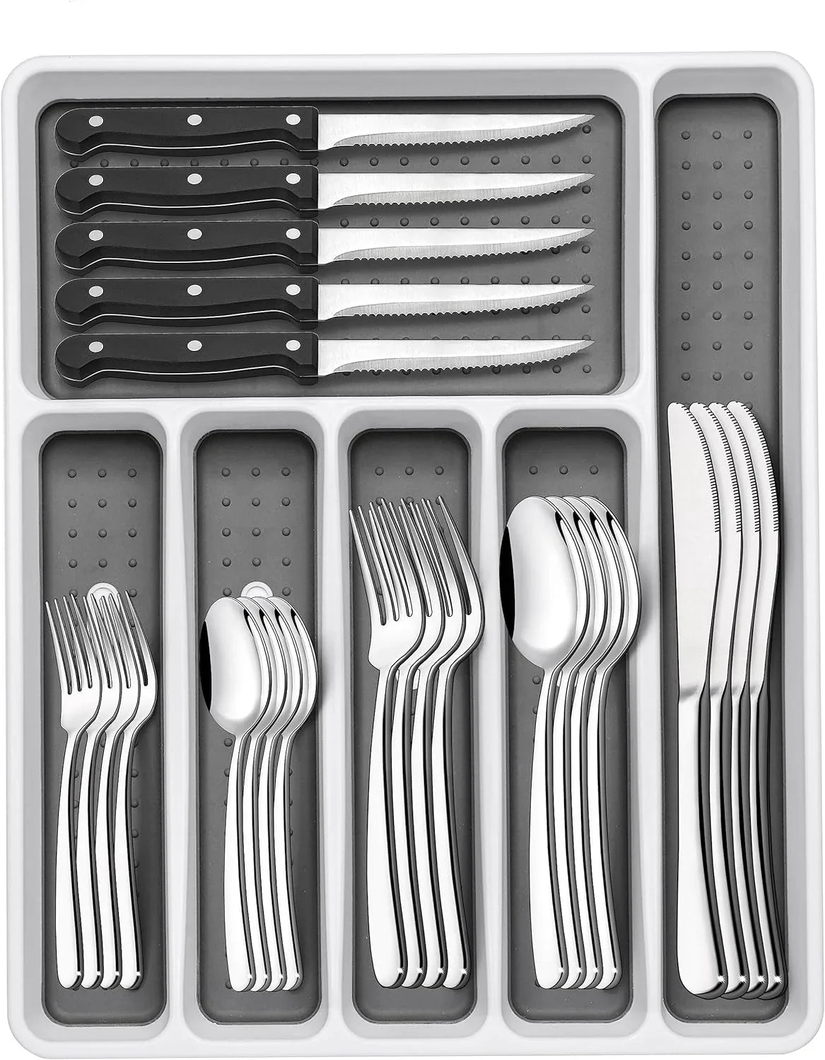 49-Piece Silverware Set with Organizer, Heavy Duty Stainless Steel Flatware Set for 8, Cutlery Utensil Sets with Steak Knives, Rust-Proof, Mirror Polished, Dishwasher Safe, Heavy Duty