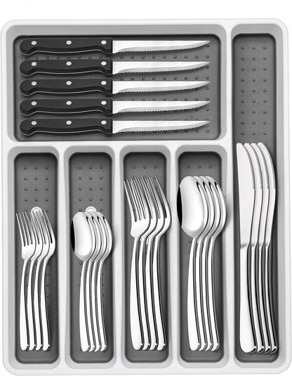 49-Piece Silverware Set with Organizer, Heavy Duty Stainless Steel Flatware Set for 8, Cutlery Utensil Sets with Steak Knives, Rust-Proof, Mirror Polished, Dishwasher Safe, Heavy Duty