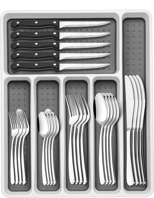 49-Piece Silverware Set with Organizer, Heavy Duty Stainless Steel Flatware Set for 8, Cutlery Utensil Sets with Steak Knives, Rust-Proof, Mirror Polished, Dishwasher Safe, Heavy Duty