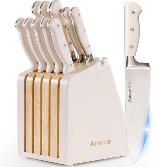 Knife Set, Kitchen Knife Set with Block and Sharpener, 12 Pcs Ultra-Sharp High Carbon Stainless Steel Knife Block Set with Non-Slip Full Tang Ergonomic Handle, Cream White Cutlery Set
