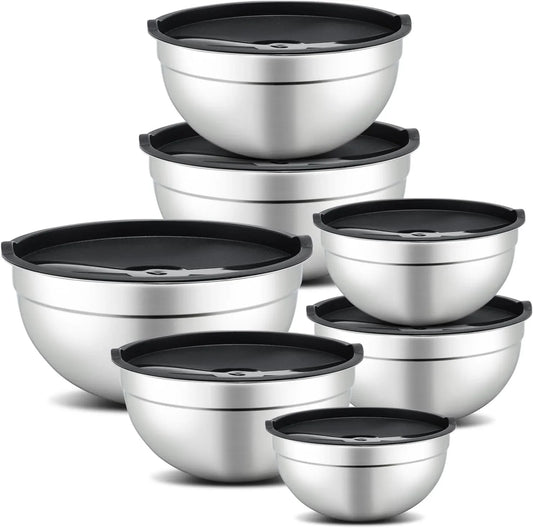 7 Piece Mixing Bowls with Lids Set - Mixing Bowls Stainless Steel Bowls for Kitchen Baking, Size 0.7, 1.1, 1.5, 2.1, 3.5, 4, 4.5QT, Baking Bowl for Food Preparation, Mixing and Serving Foods