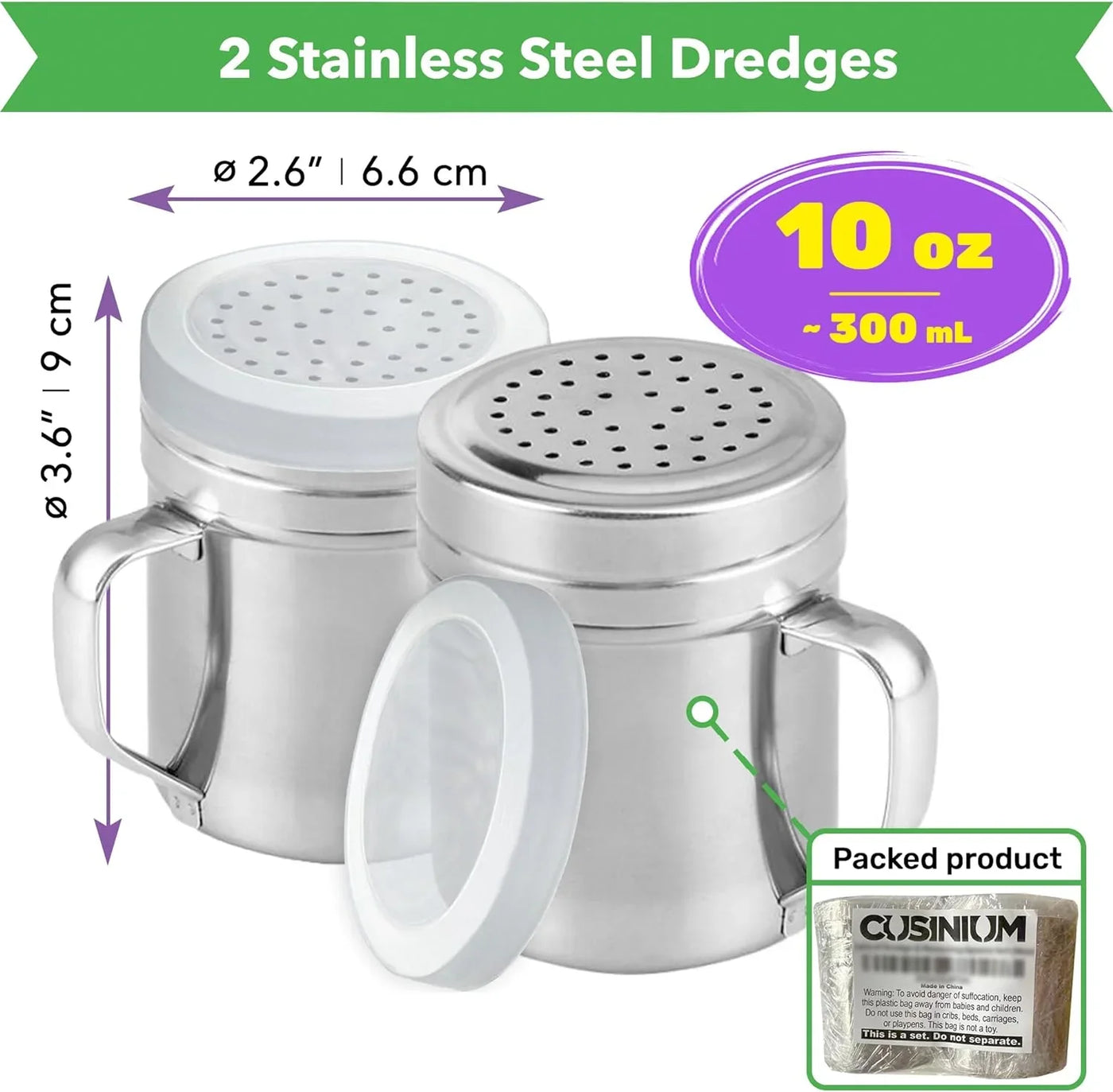 Metal Salt Pepper Dredge Shakers - with Handle - Seasonings Spice Shakers with Holes and Lids - 10 Ounce, 2Pcs | Style: Medium
