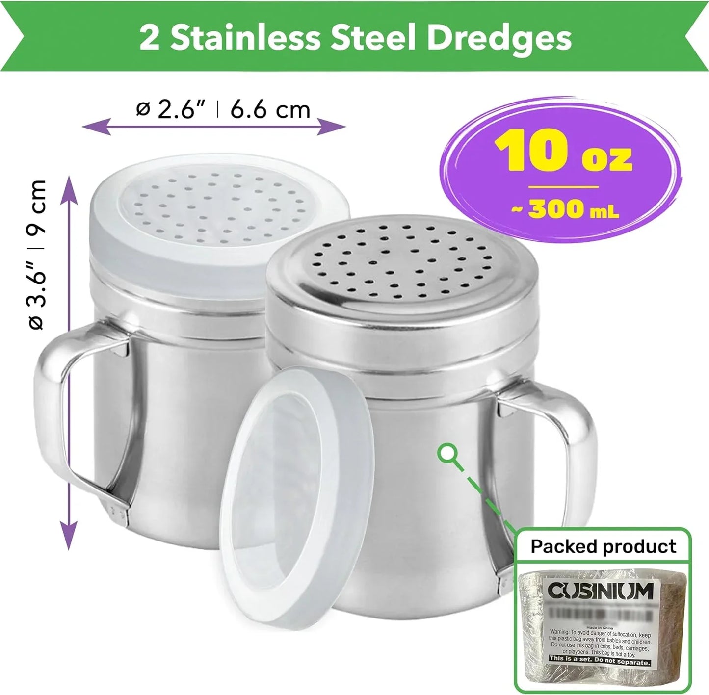 Metal Salt Pepper Dredge Shakers - with Handle - Seasonings Spice Shakers with Holes and Lids - 10 Ounce, 2Pcs | Style: Medium