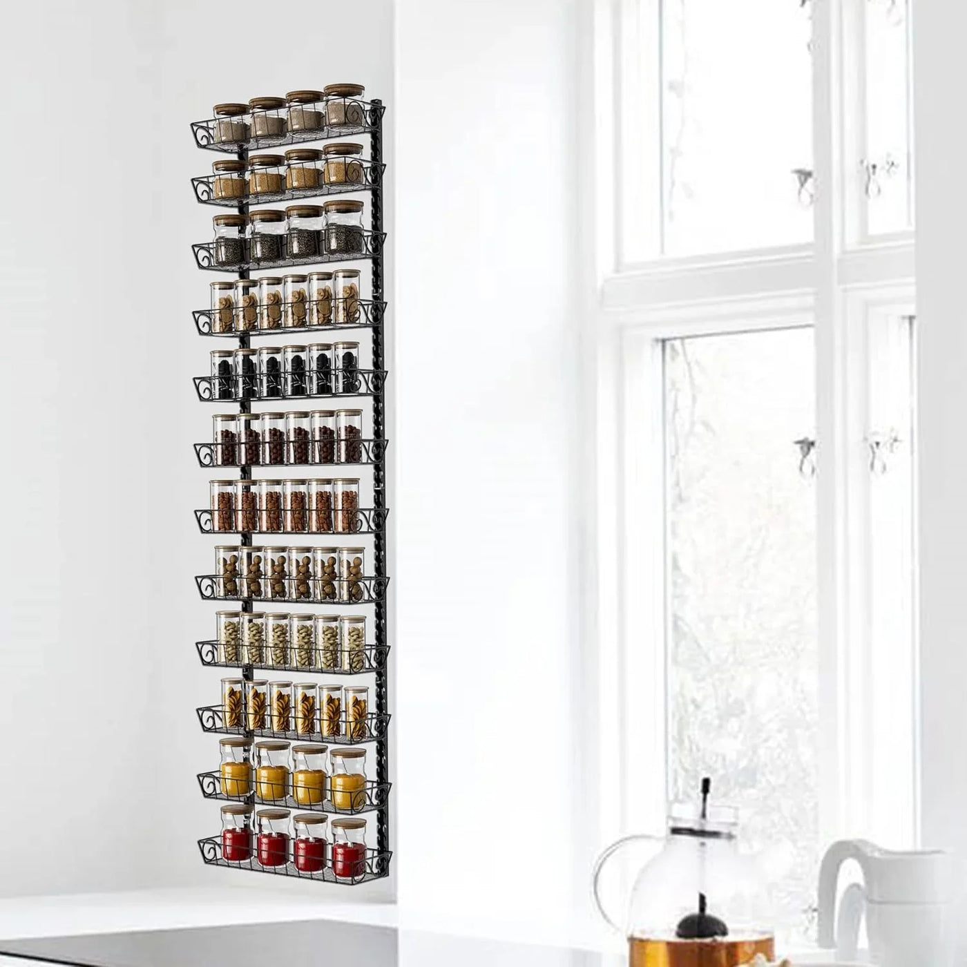 Adjustable Wall Mount Spice Rack Organizer, 12-Tier Dual-Use (Multi-Use) Hanging Spice Shelf Storage for Kitchen Pantry Cabinet Door, Seasoning Holder Organizer, Black