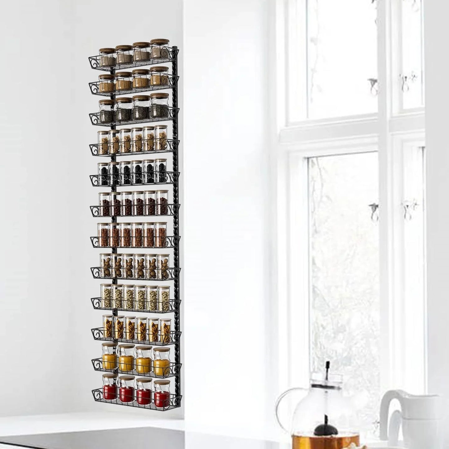 Adjustable Wall Mount Spice Rack Organizer, 12-Tier Dual-Use (Multi-Use) Hanging Spice Shelf Storage for Kitchen Pantry Cabinet Door, Seasoning Holder Organizer, Black