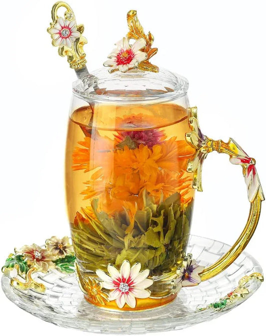 Glass Coffee Mug Christmas Gift Sunflower Daisy Tea Cup with Lid Saucer Mother'S Day Birthday Gift for Women Unique(12Oz Daisy)