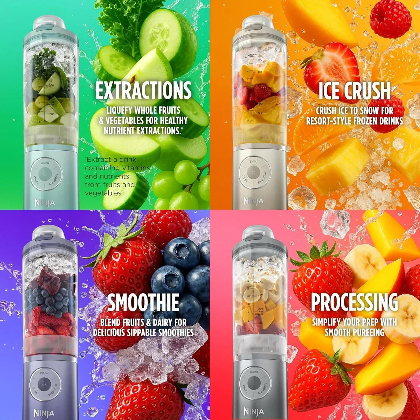 Ninja blender for smoothies, extractions, ice crush, and food processing with fresh fruits and veggies