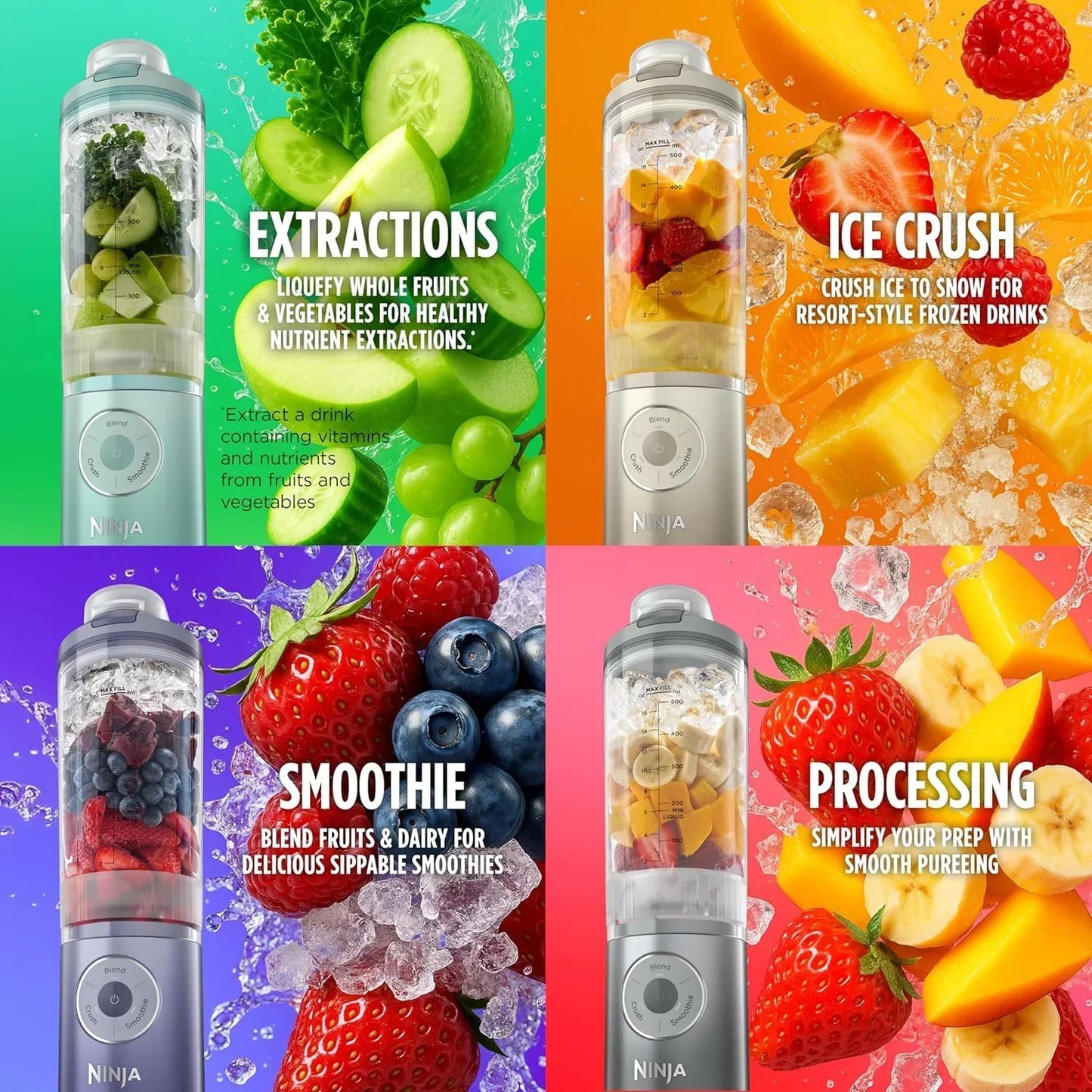 Ninja blender for smoothies, extractions, ice crush, and food processing with fresh fruits and veggies