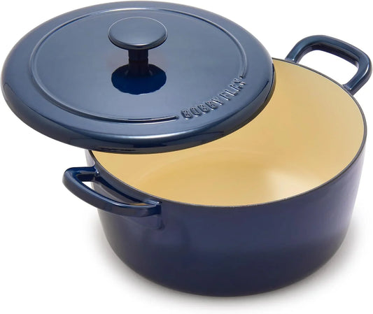 X Bobby Flay 5.5QT Enameled Cast Iron round Dutch Oven with Lid, Dual Handles, Oven Safe to 500F & Induction Suitable, Self Basting Lid, Ultra-Durable, Sear, Braising, Bread, Stews, Cobalt