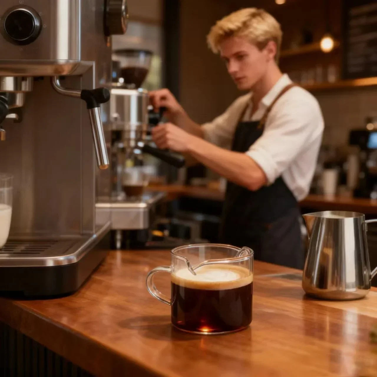Barista using espresso machine with glass coffee mug and milk pitcher on wooden counter