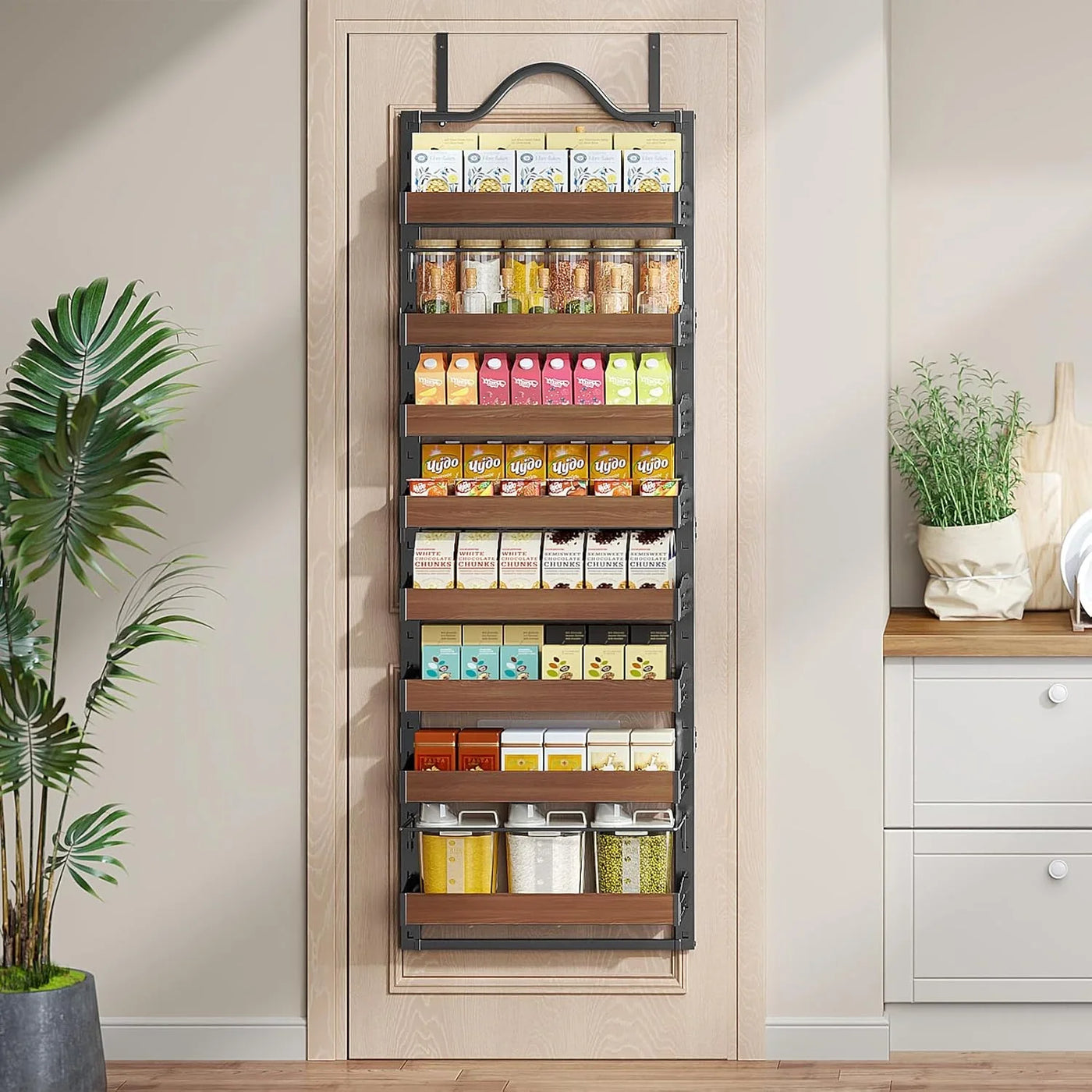 8-Tier Spice Rack Wall Mount, Heavy-Duty over the Door Pantry Organizer with Wooden Adjustable Basket, 2 in 1 Wall Mount or Hanging Pantry Door Organizer,Door Spice Rack for Pantry, Black