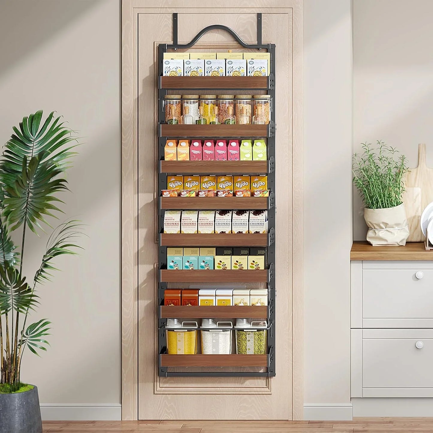 8-Tier Spice Rack Wall Mount, Heavy-Duty over the Door Pantry Organizer with Wooden Adjustable Basket, 2 in 1 Wall Mount or Hanging Pantry Door Organizer,Door Spice Rack for Pantry, Black