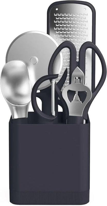 7-Piece Modular Gadget Set, Grater, Pizza Cutter, Ice Cream Scoop, Peeler, Shears, Bottle Opener, Crock with Removable Divider, Dishwasher Safe, Slate