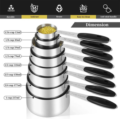 16 Pieces Measuring Cups and Magnetic Measuring Spoons Set Stainless Steel,8 Measure Cups with Silicone Handle and 7 Double Sided Magnetic Measure Spoons & 1 Leveler