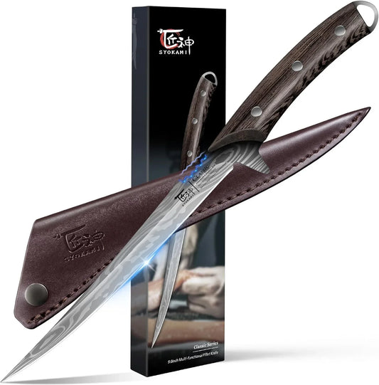 Fillet Knife, 9 Inch Boning Knife with Leather Sheath, Sharp Filet Knives for Fish and Meat, Non-Slip Wooden Handle, Professional Japanese Knives for Fishing and Hunting, Outdoor Kitchen Gift