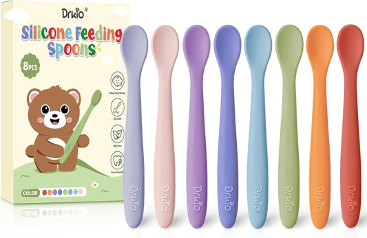 8-Piece Silicone Baby Spoons - Infant Spoons First Stage Self Feeding Baby Led Weaning Supplies Toddler Training Utensils Soft Chewable-Tip Bendable Bpa-Free Dishwasher Safe Boil-Proof