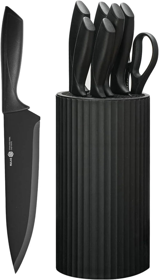 Knife Set, 8-Piece Kitchen Knife Set with Universal Block - Anti-Rust Chef Knives, Ergonomic Design, Dishwasher Safe (Black)