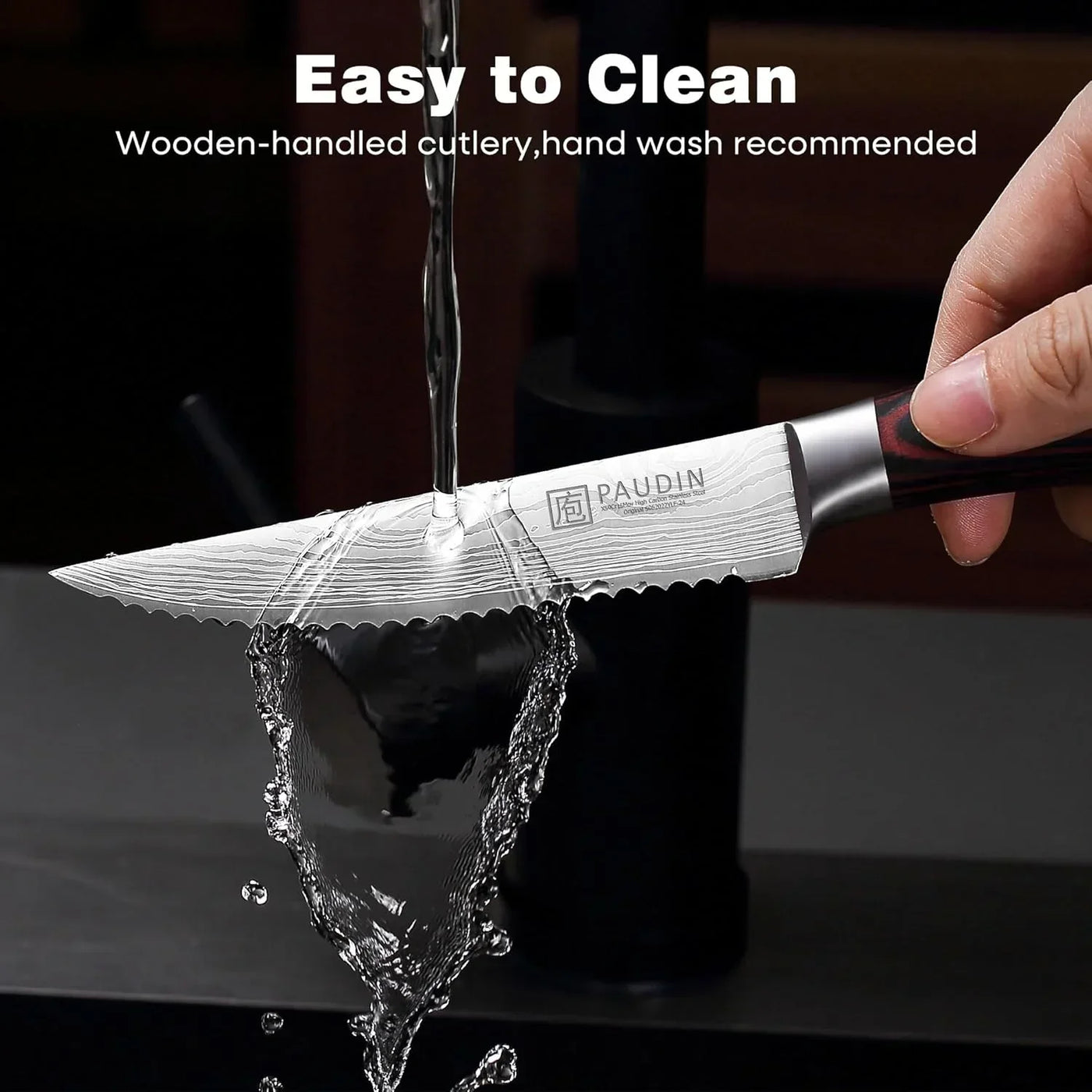 Wooden-handled kitchen knife with serrated edge being rinsed under water, easy to clean