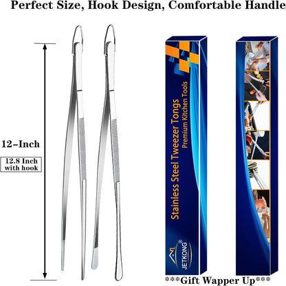 2 Pcs 12-Inch Kitchen Tweezers Fine Tweezer Tongs, Extra-Long Stainless Steel Cooking Tweezers (Silver)